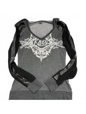 Y2K Karv Hooded Long Sleeve W Gothic Logo + Mesh Sleeves W Faux Leather Panel M